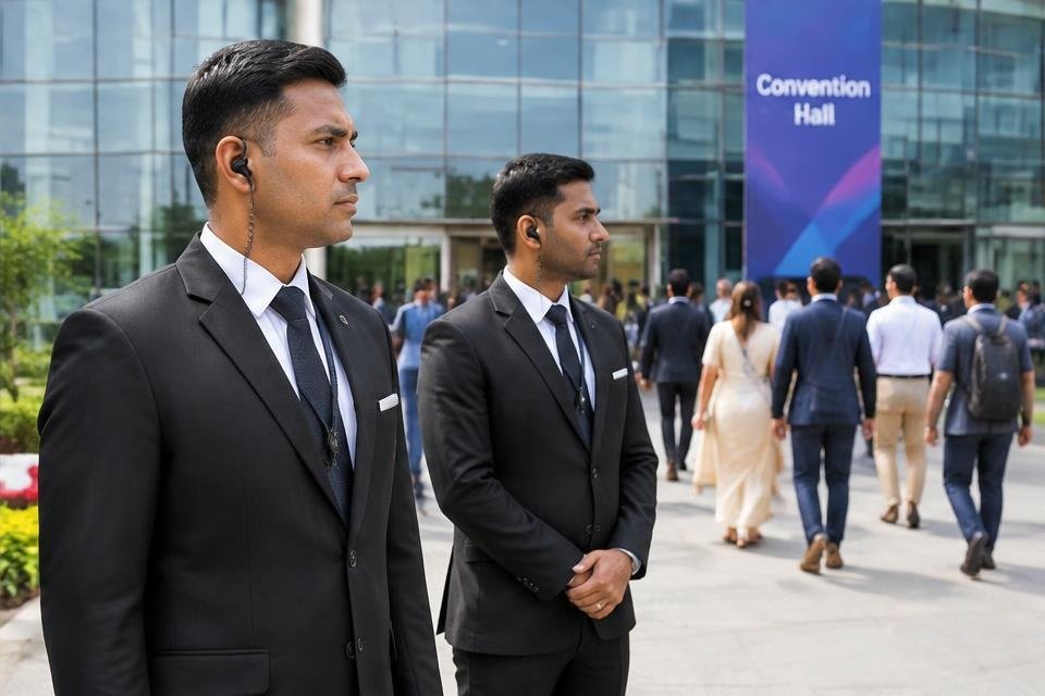 Executive protection officers overseeing a convention hall entrance
