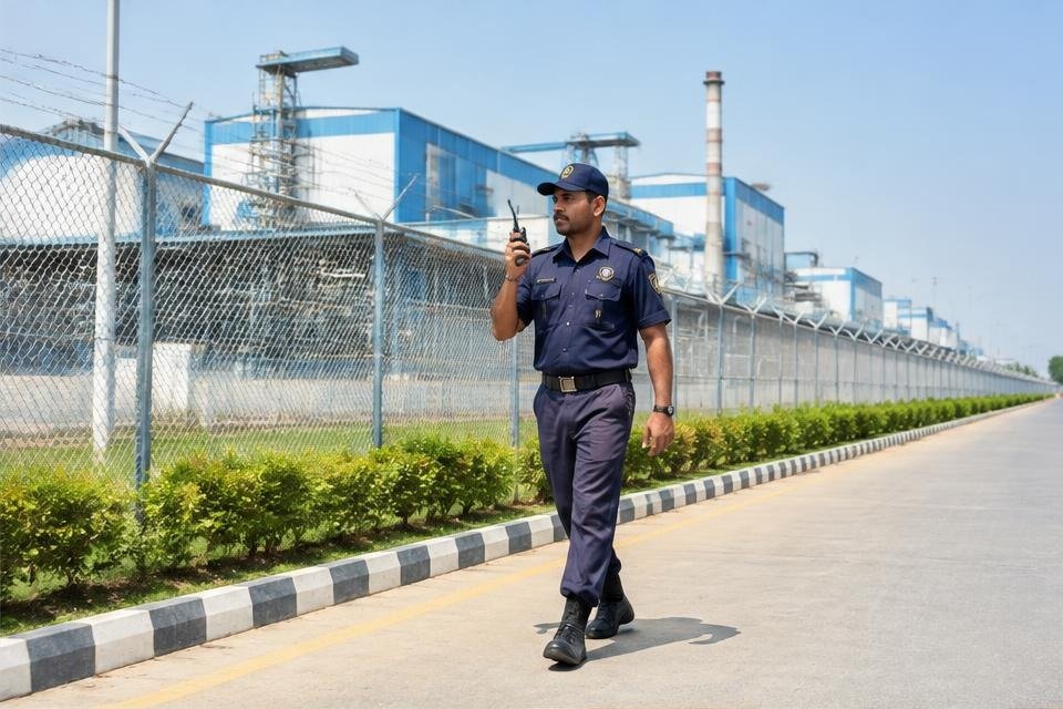 Security officer patrolling an industrial campus