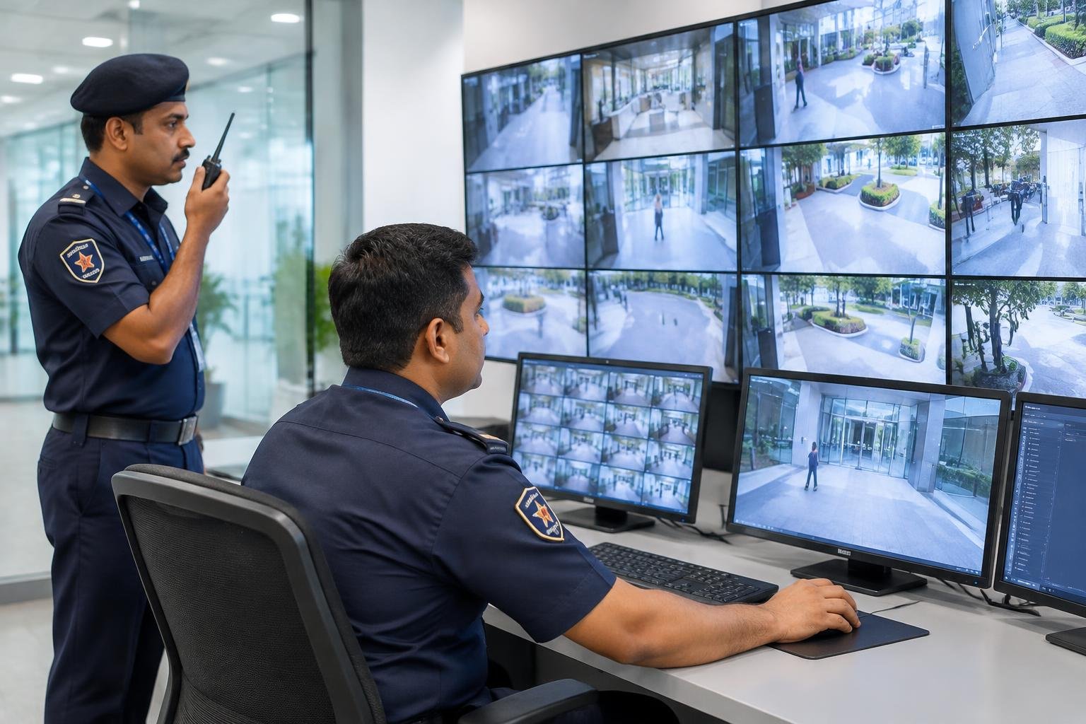 Security officers monitoring CCTV in a control room